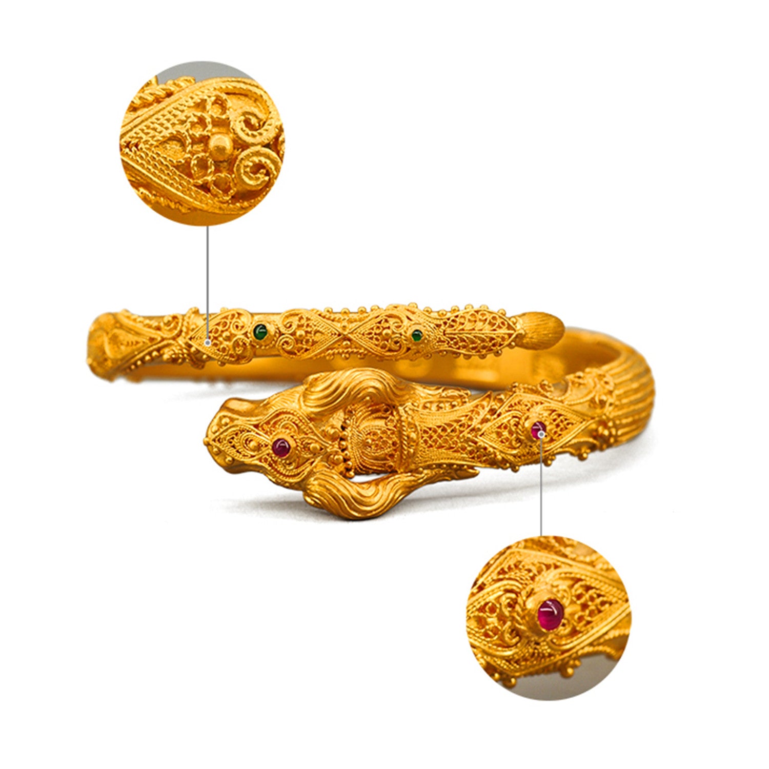 EVECOCO Full Gold Bracelet,Dragon Pattern,Hand Forging,Micro Relief Filigree,Gemstone,115g