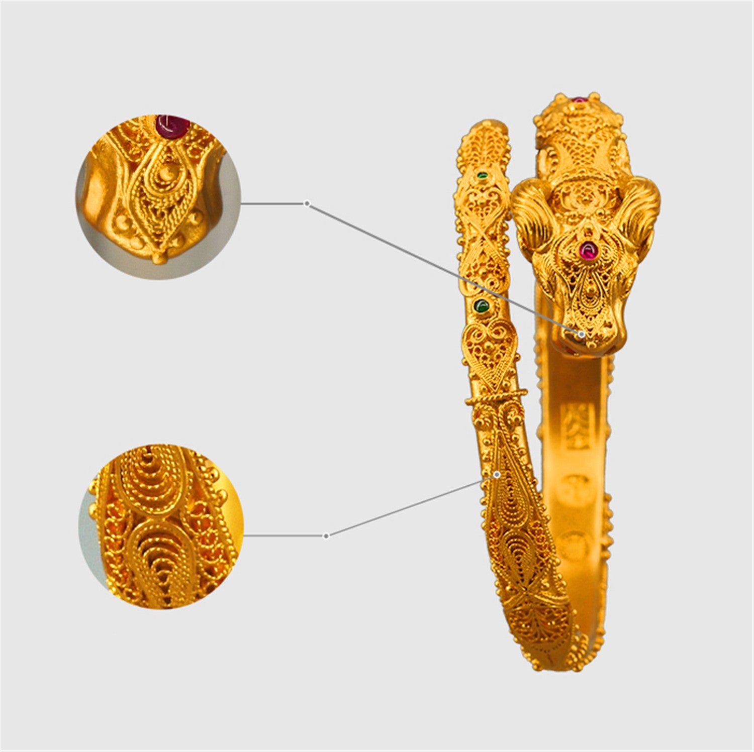 EVECOCO Full Gold Bracelet,Dragon Pattern,Hand Forging,Micro Relief Filigree,Gemstone,115g