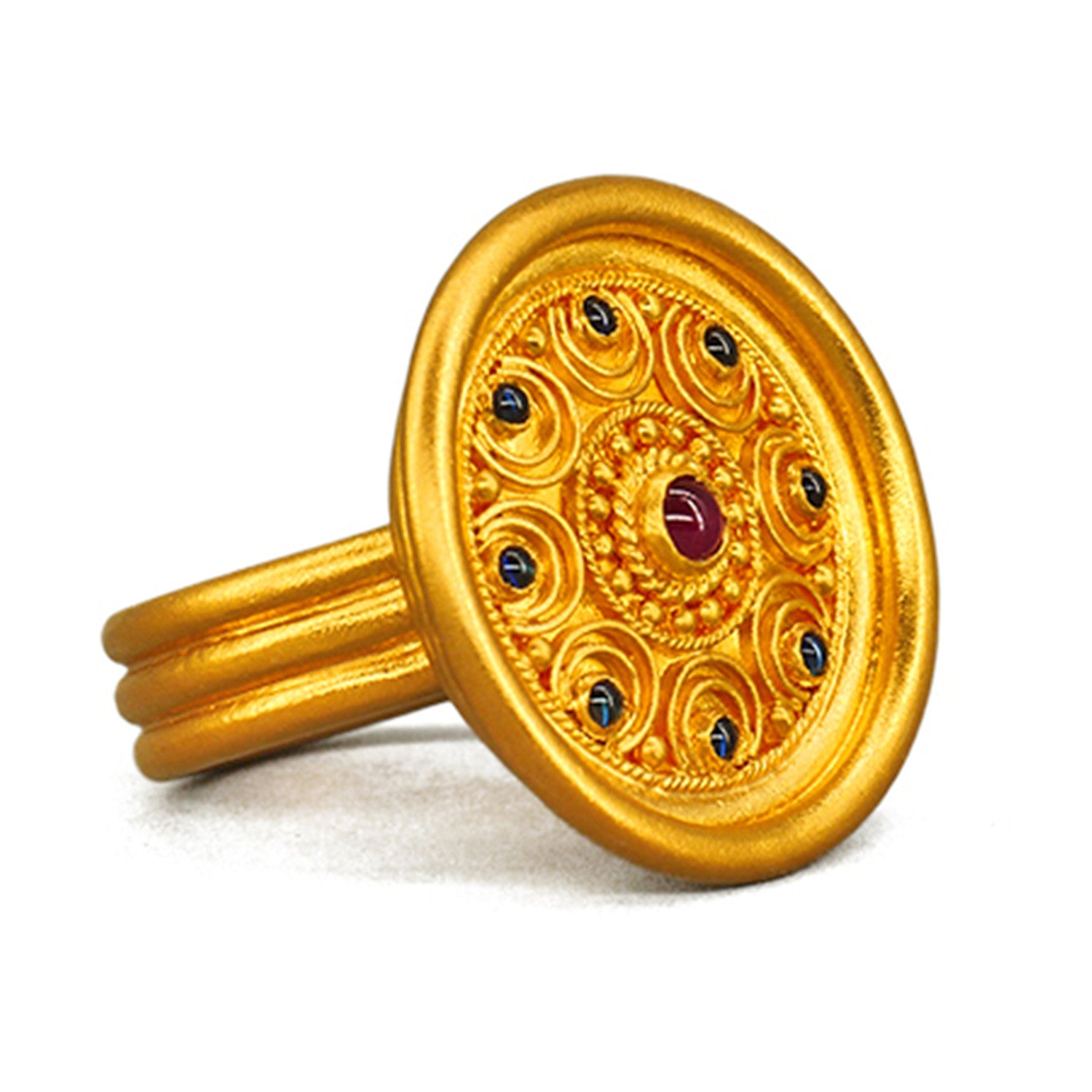 EVECOCO Full Gold Ring Hand Forging With Sculpted Reliefs,Gemstone