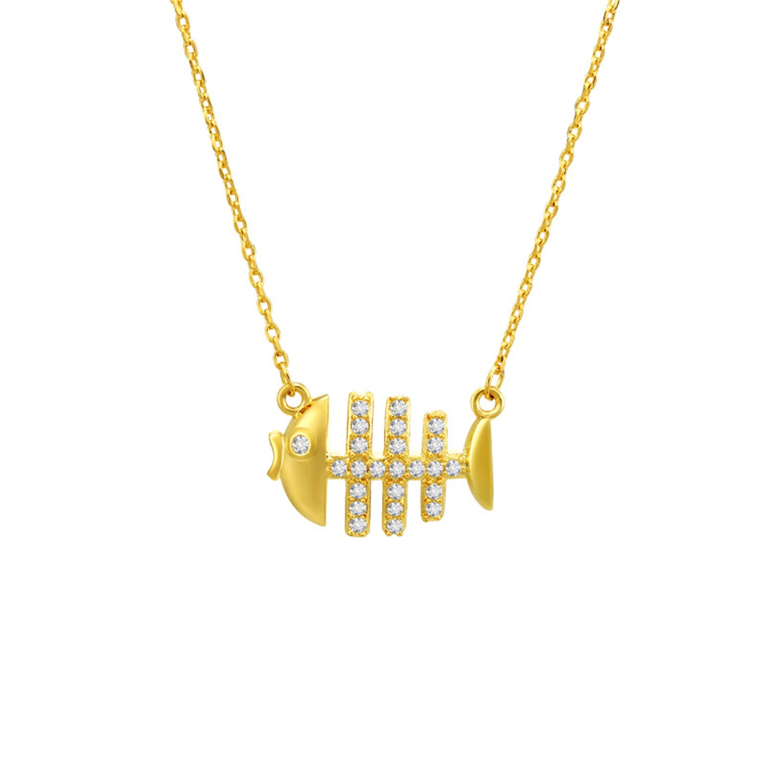 Fishbone Pendant,24K Gold Plated,With Cubic Zirconia