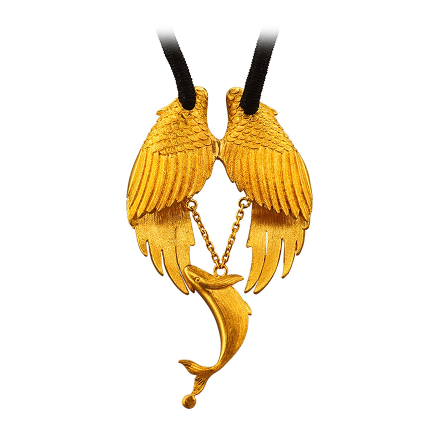 EVECOCO Full Gold Pendants,Fish and Wing Pattern,Hand Forging,Fine Carving 35g