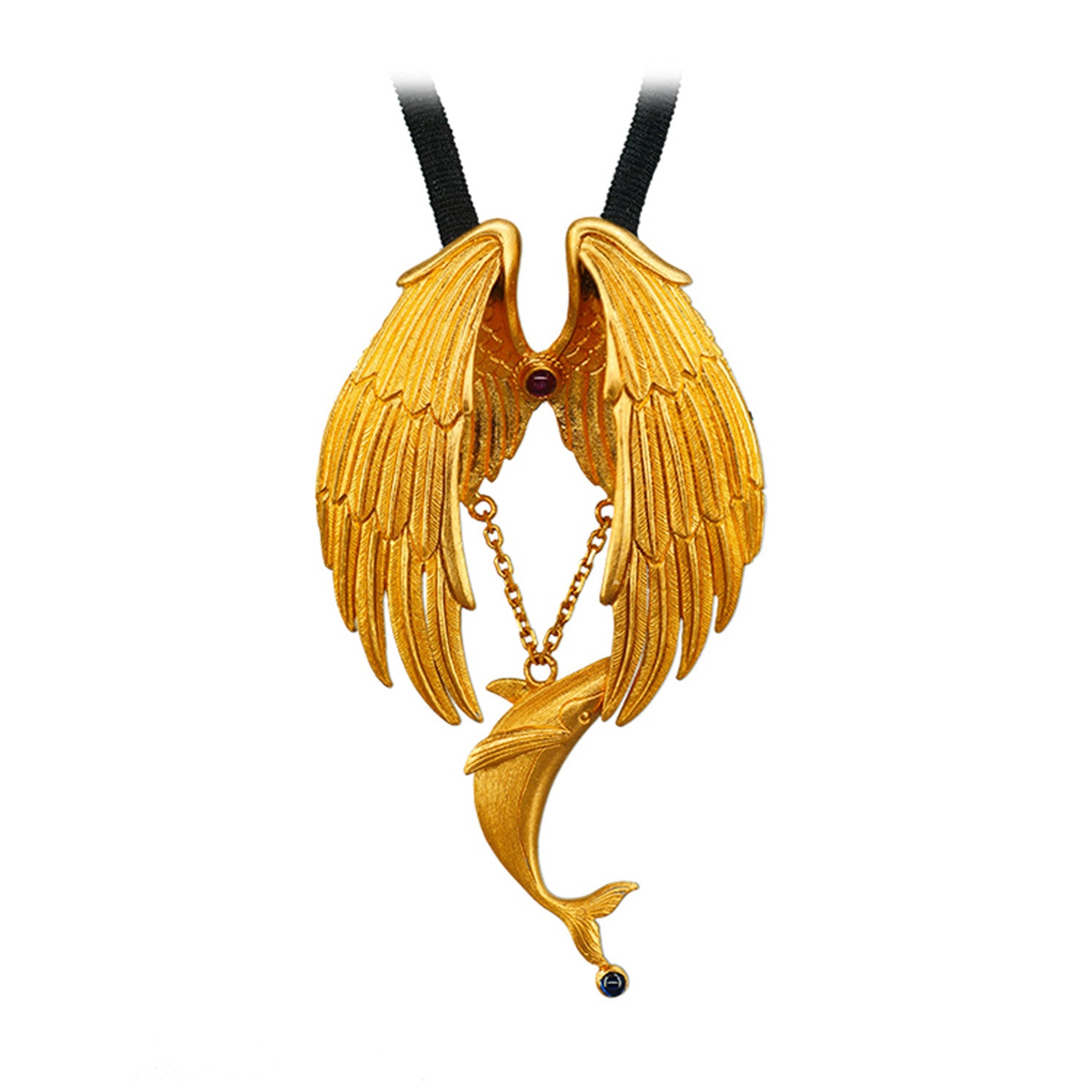 EVECOCO Full Gold Pendants,Fish and Wing Pattern,Hand Forging,Fine Carving 35g