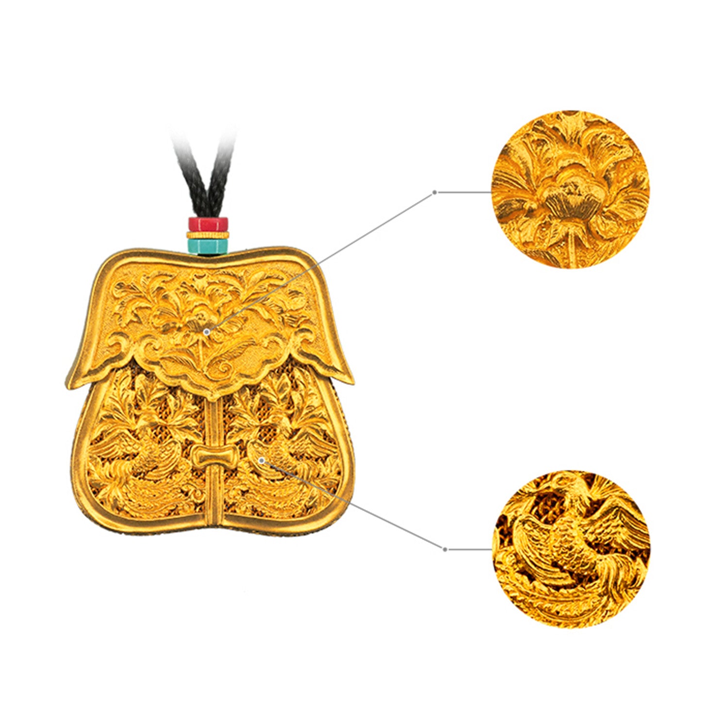 EVECOCO Full Gold Pendants,Peony Flower Pattern,Hand Forging,Fine Carving 55g