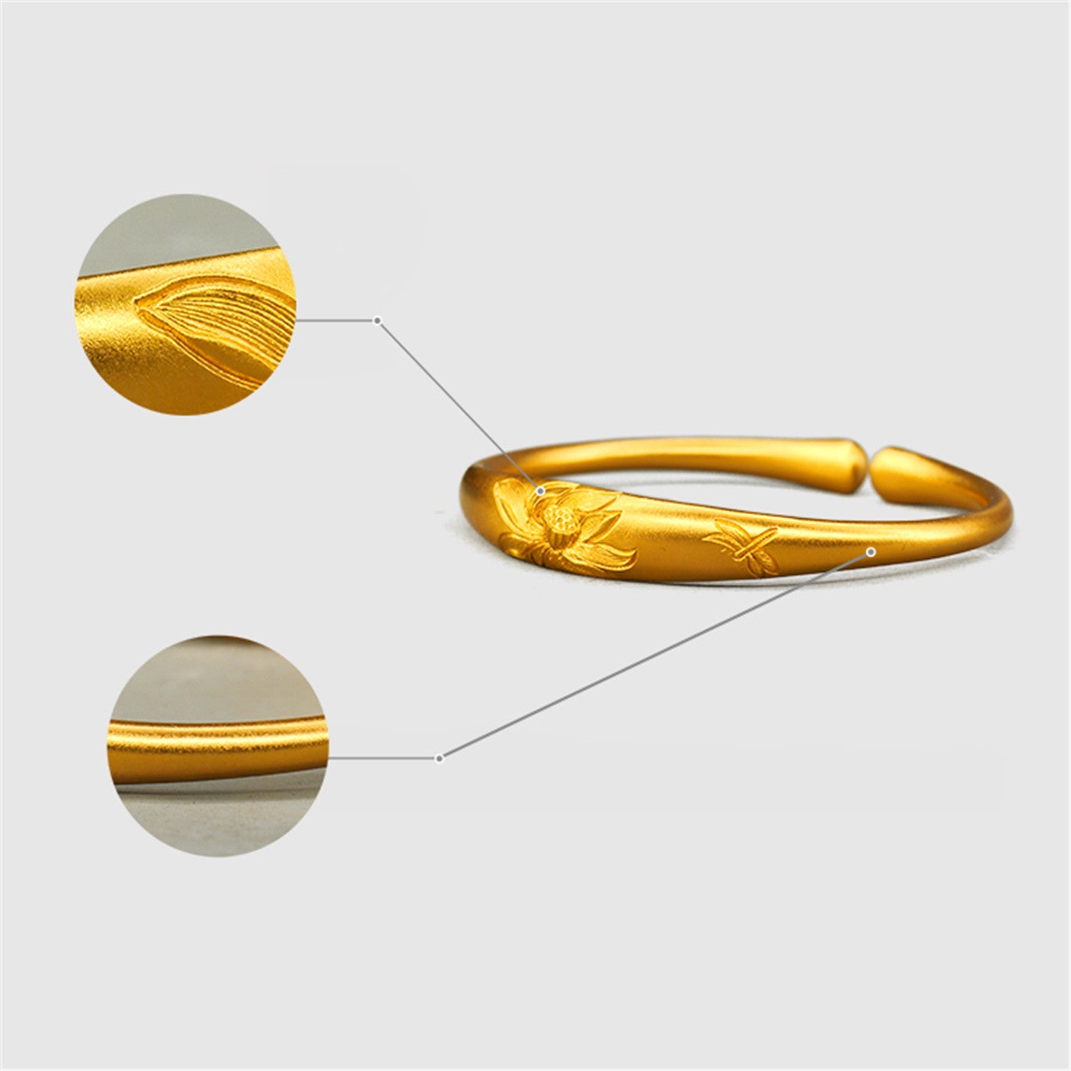 EVECOCO Full Gold Wedding Bracelet For Female,Lotus Pattern,Hand Forging,40g
