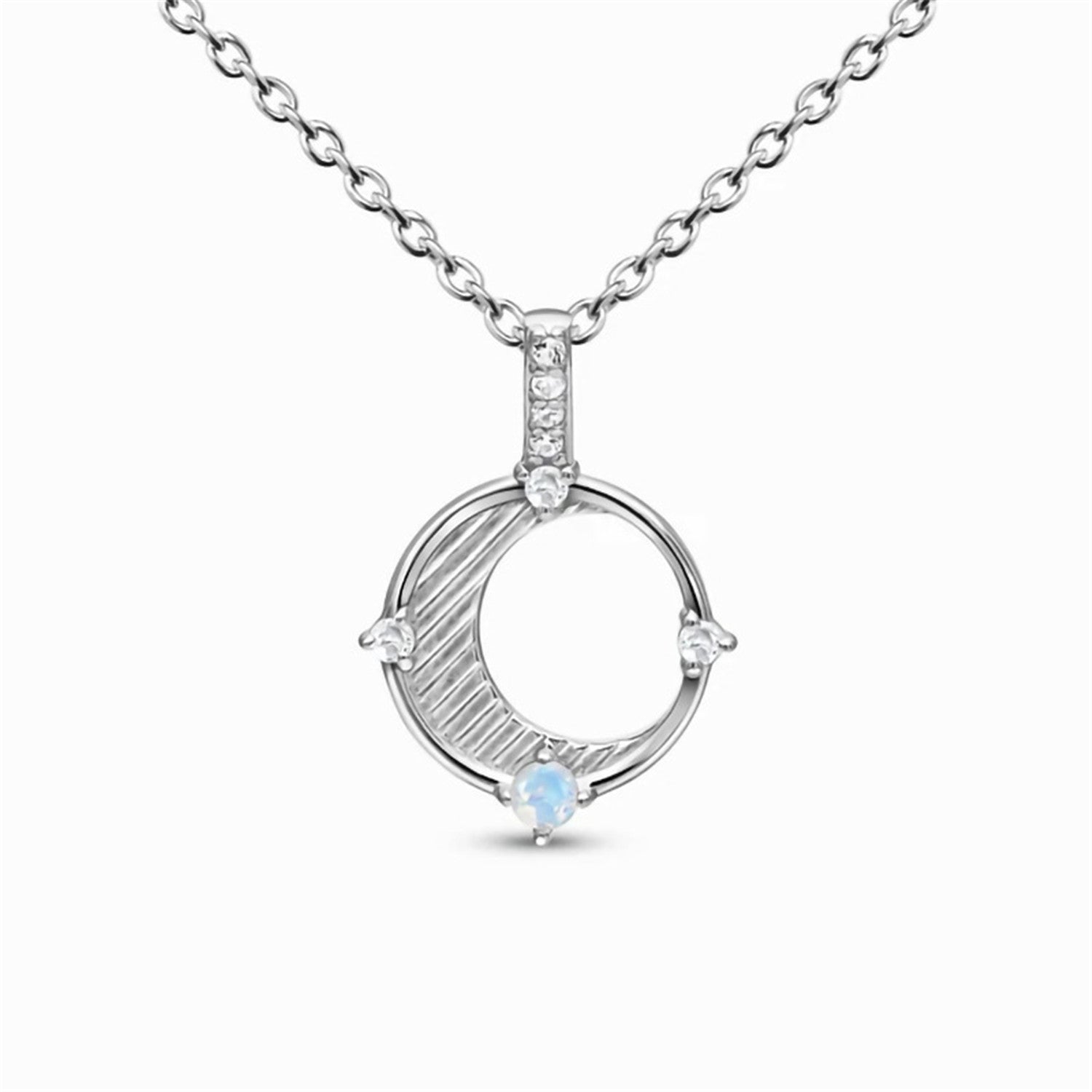 Moonstone Pendant,s925 Silver,O Shape Tag With Hollowed Out Crescent Moon Design