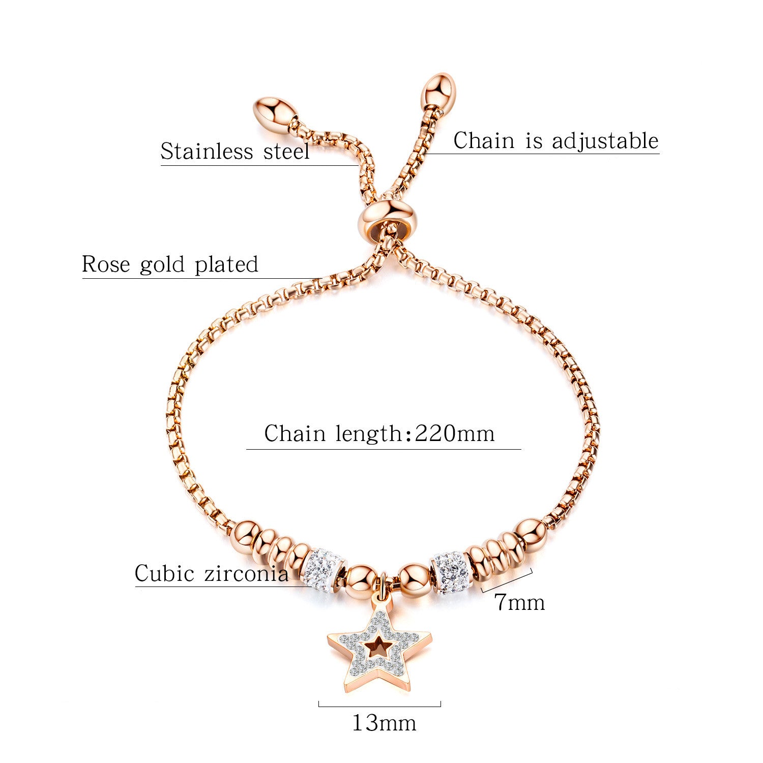 Titanium Steel Bracelet,Hollow Bead And Star Design,Adjustable.